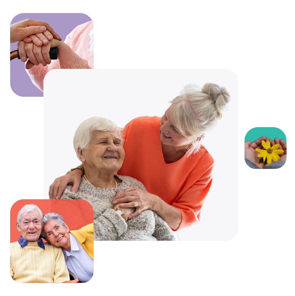 Caregiver smiling to an elderly woman, senior being taken care of